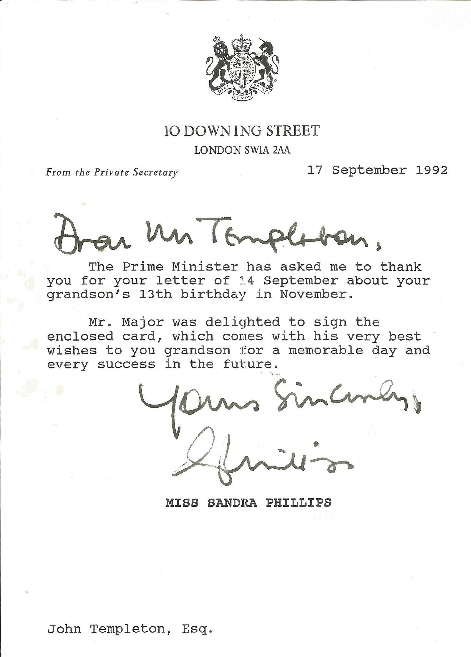 John Major signed white card. Good Condition. All (1 of 1)