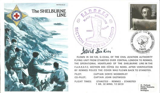 Lt Commander David Birkin signed special cover RAFES: Lt Commander David Birkin signed special cover RAFES SC37c The Shelburne Line. 17p GB stamp postmarked Remembrance Day BFPS 1918 with FARREFC cachet in purple. Backstamp of cover, as pilot signed cove