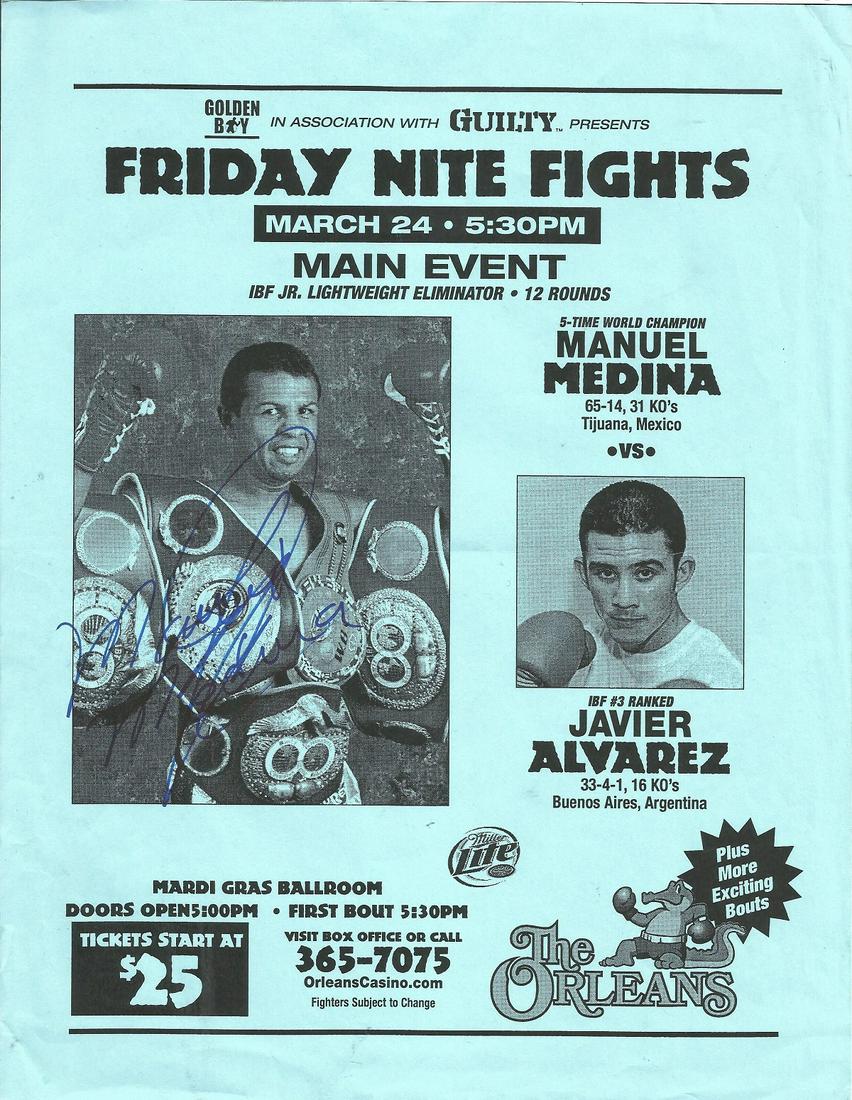 Boxing Manuel Medina signed 10x8 promo flyer sheet.: Boxing Manuel Medina signed 10x8 promo flyer sheet. Juan Manuel Rubio Medina (born March 30, 1971, in Tecuala, Nayarit, Mexico) is a boxer, who is better known as Manuel Medina. He is a five-time worl