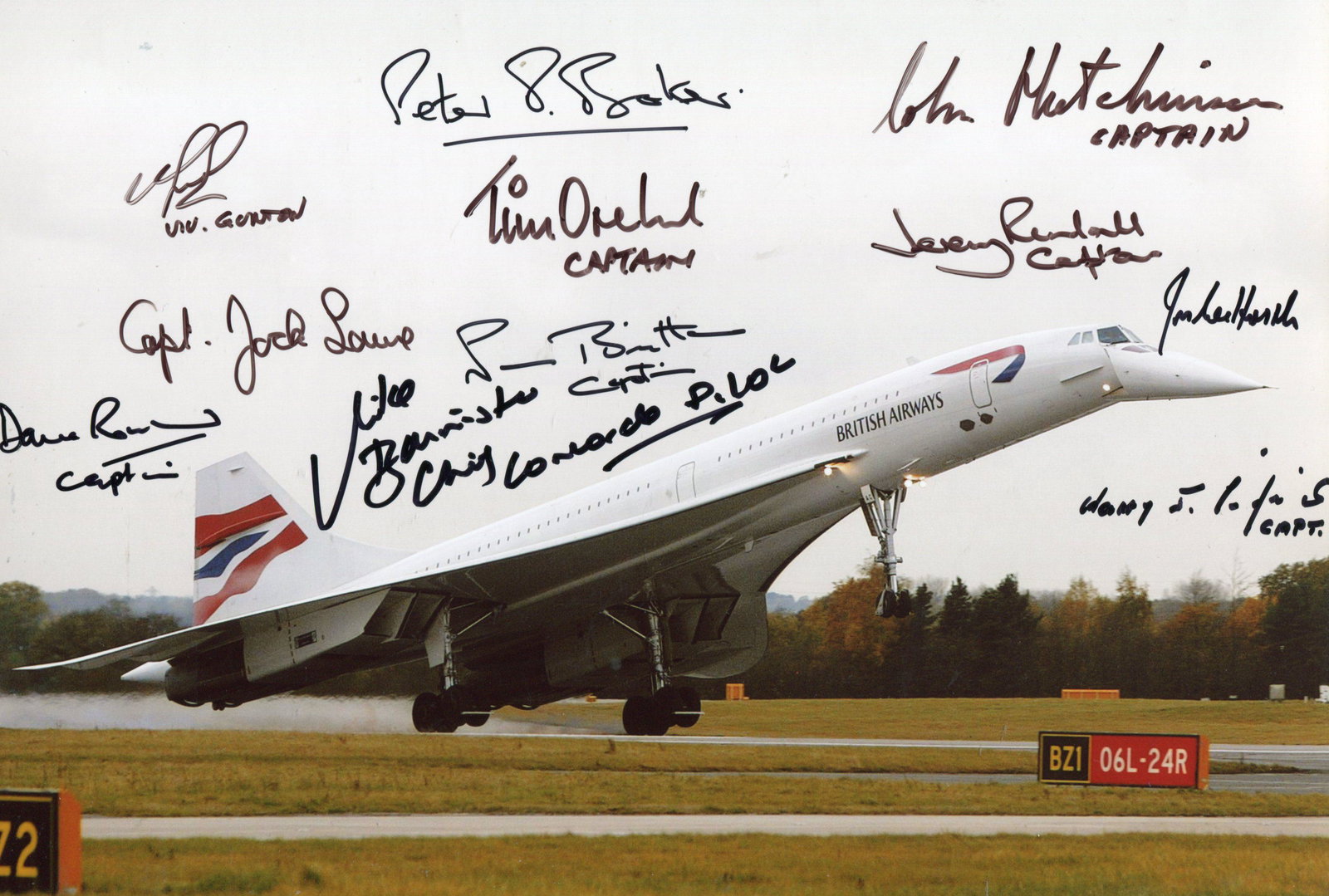 Concorde multi signed. 8x12 inch photo signed by the: Concorde multi signed. 8x12 inch photo signed by the following ELEVEN Concorde pilots , Assistant Chief Test Pilot Peter Baker , Concorde General manager and Chief Pilot David Rowlands , Chief Pilots: