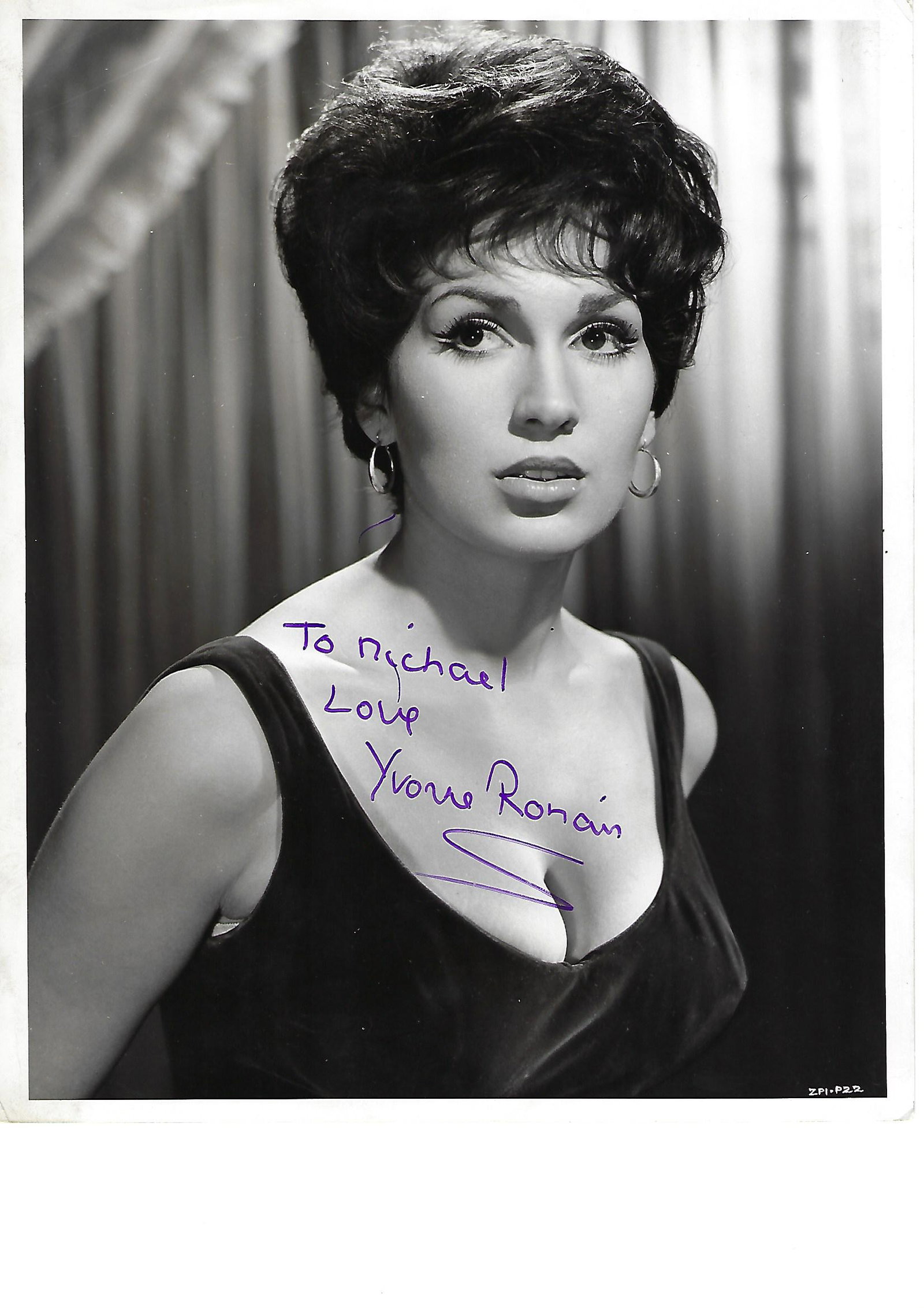 Yvonne Romain Signed photo black and white 10 x 8 inch.: Yvonne Romain Signed photo black and white 10 x 8 inch. Dedicated To Michael. Inscribed Love. Condition report out of 10, 8. Very minor scuffing and a couple of small creases to corners of white borde