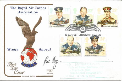 Sqn Ldr Paul Day signed The Royal Air Forces: Sqn Ldr Paul Day signed The Royal Air Forces Association Wings Appeal FDC. Flown in Spitfire 11A P7350 on a Battle of Britain Memorial Flight over Norwich 21st Sept 1986. Good condition. All autograph