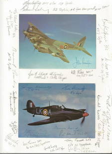 WW2 fighter pilots multiple signed A4 page. 23 Aces BOB: WW2 fighter pilots multiple signed A4 page. 23 Aces BOB pilots signed around two colour photos of Mosquito and Hurricane, John Cunningham has signed on Mossie photo and Pat Hancock, Peter Parrott, Tic