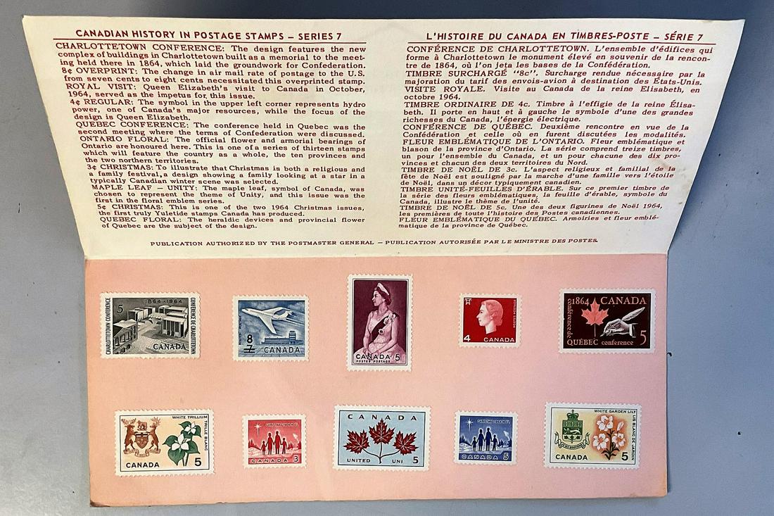 Canadian History in Postage Stamps - Series 7 Souvenir: Canadian History in Postage Stamps - Series 7 Souvenir Card 1965, Including Charlottetown Conference, 8c Overprint, Royal Visit, 4c Regular, Quebec Conference, Ontario Floral, 3c Christmas, Maple Leaf