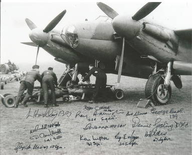 World War II Mosquito 10x8 black and white photo signed: World War II Mosquito 10x8 black and white photo signed by 13 Mosquito Pilots and Navigator veterans includes Flt Lt Roger Calvert 141 Sqd, Flt Lt Charles Campbell 141 Sqd, Flt Lt George Cash DFC 139