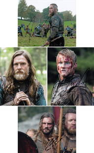 Blowout Sale! Lot of 4 Vikings hand signed 10x8 photos.: Blowout Sale! Lot of 4 Vikings hand signed 10x8 photos. This beautiful lot of 4 hand signed photos depict Travis Fimmel (Ragnar Lothbrok), Donal Logue (King Horik), Alexander Ludwig (Bjorn Lothbrok)