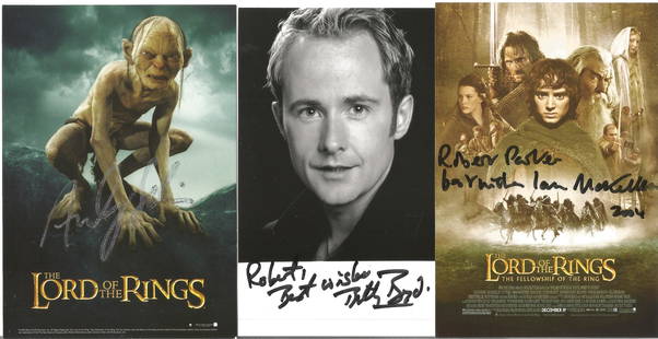 Lord of the Rings collection 2 signed 6x4 promo photos: Lord of the Rings collection 2 signed 6x4 promo photos and 1 black and white photo signatures included are Billy Boyd, Ian McKellen and Andy Serkis. Good condition. All autographs come with a Certific