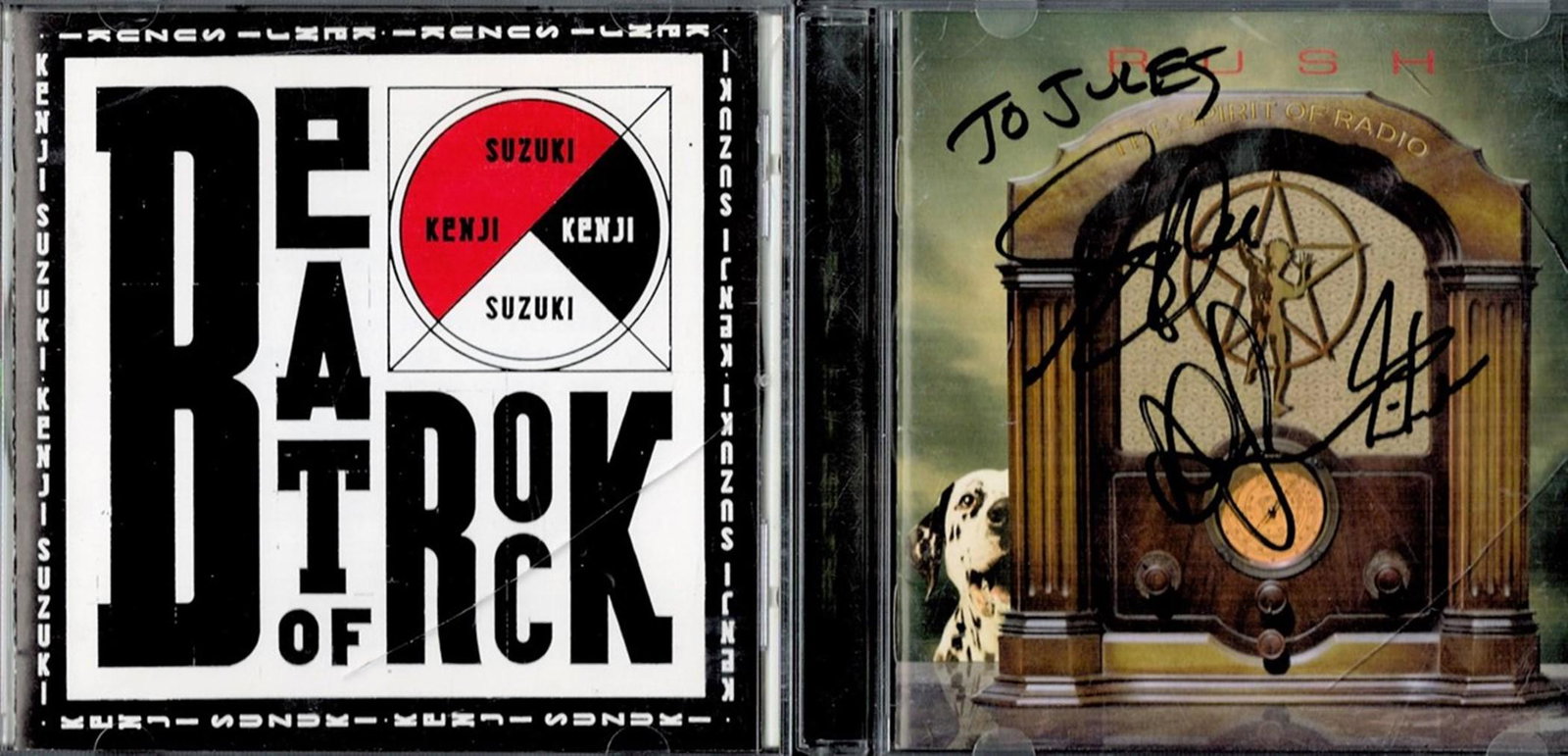 Collection of Signed CD'S two signed CD'S Kenji Suzuki: Collection of Signed CD'S two signed CD'S Kenji Suzuki Beat of Rock CD signed in Japanese by Kenji Suzuki Rush The Spirit of Radio Greatest Hits 1974-1987 Signed by Rush. Good condition. All autograph