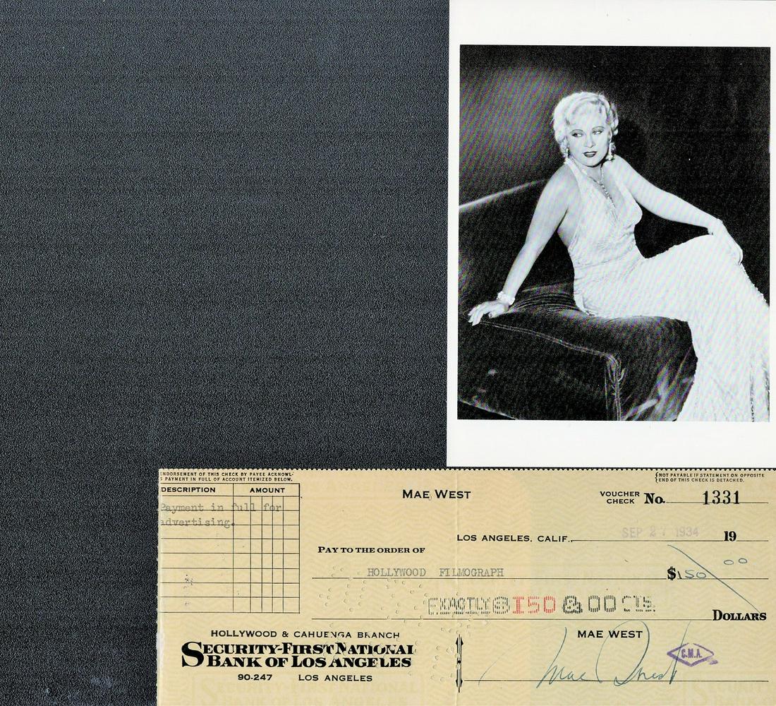 Mae West signed Bank of Los Angeles cheque dated Sep (1 of 1)
