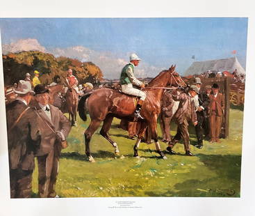 Sir Alfred Munnings 28x23 Colour Print Titled 'At: Sir Alfred Munnings 28x23 Colour Print Titled 'At Hethersett Races' Print Shows congregation of horses, jockeys and staff. Published in 1982 by Royle Publications. Printed in England by Royle Publicat