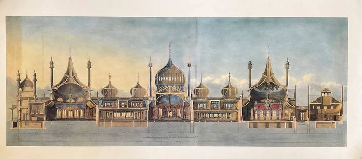 John Nash 38x17 Colour Print Titled 'Longitudinal: John Nash 38x17 Colour Print Titled 'Longitudinal Section of the Pavilion'. Print Shows measurements in feet of The Royal Pavilion, Brighton 1826. Published by ARC London. Edges are worn, creased and