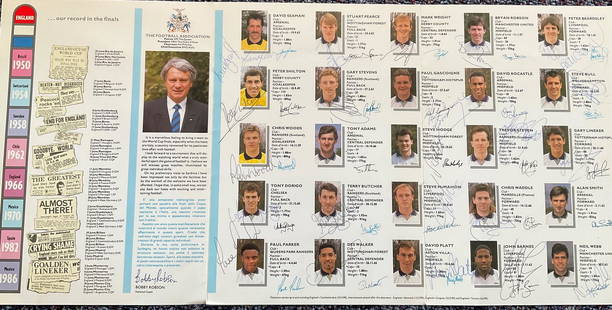 Football. England FIFA World Cup Italy 1990 Team sheet: Football. England FIFA World Cup Italy 1990 Team sheet Signed by all squad players including : David Seaman, Peter Shilton, Chris Woods, Tony Dorigo, Paul Parker, Stuart Pearce, Gary Stevens, Tony Ada