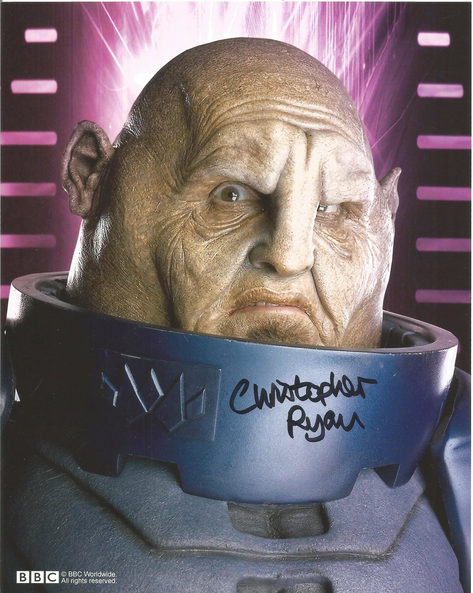Christopher Ryan signed 10 x 8 inch colour photograph: Christopher Ryan signed 10 x 8 inch colour photograph taken during his role in the science fiction series Doctor Who as the alien creature Lord Kiv. Good condition. All autographs come with a Certific