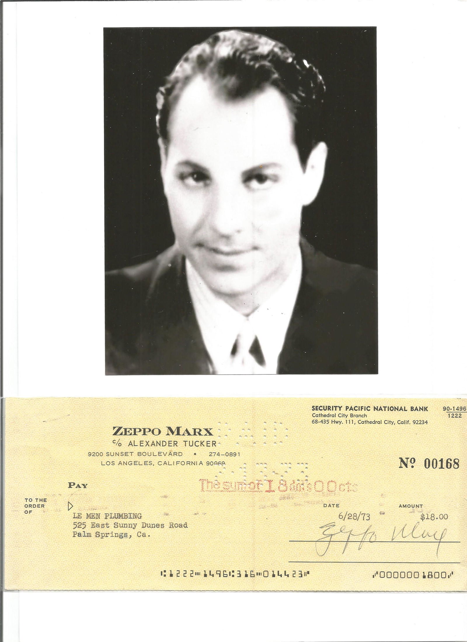 Zeppo Marx signed cheque. February 25, 1901 - November (1 of 1)