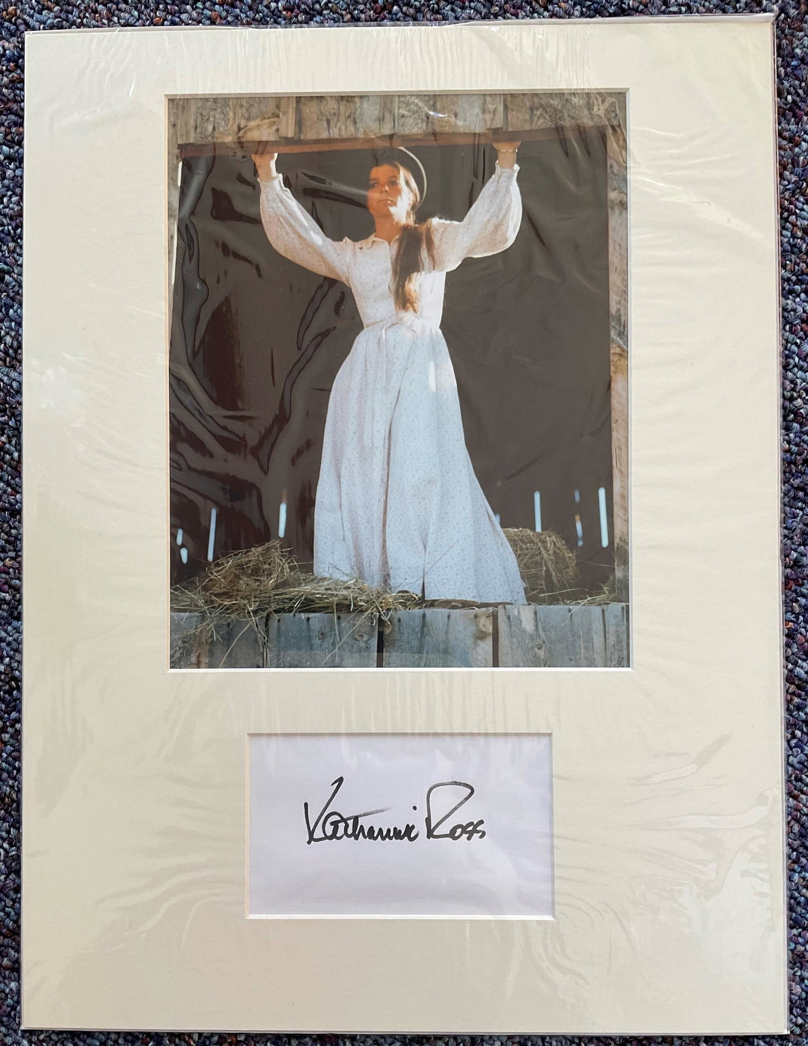 Katherine Ross signature piece mounted below colour: Katherine Ross signature piece mounted below colour photo. Approx size 16x12. American film, stage, and television actress. She garnered further acclaim for her roles in two 1969 western films: Butch