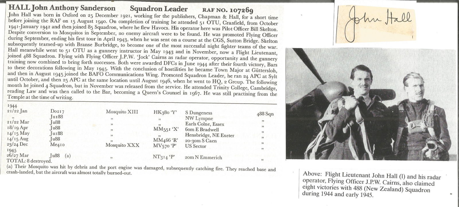 Sqn Ldr John Anthony Sanderson Hall WW2 Fighter Ace: Sqn Ldr John Anthony Sanderson Hall WW2 Fighter Ace Small Signature Piece ST042. Good condition. All autographs come with a Certificate of Authenticity. We combine postage on multiple winning lots and