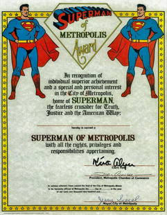 Kirk Alyn, Jerry Siegel and Joe Schuster Superman of: Kirk Alyn, Jerry Siegel and Joe Schuster Superman of Metropolis Award multi signed certificate. Good condition. All autographs come with a Certificate of Authenticity. We combine postage on multiple w