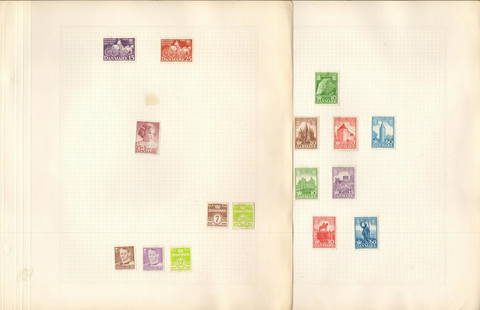 Demark Mint Stamps on Album Leaves, 58 Stamps from: Demark Mint Stamps on Album Leaves, 58 Stamps from 1940s to 1970s Including King Frederik IX 20 and 25, Princes Anne-Marie 25+5 ore 1950, S Kierkegaard 30 1955, Selandia 60 1962, Carl Nielsen 50 1965,