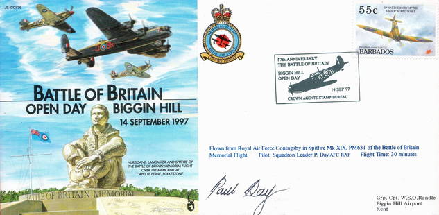 Squadron Leader Paul Day Signed Battle of Britain Open: Squadron Leader Paul Day Signed Battle of Britain Open Day Biggin Hill 14th September 1997 First Day Cover. Flown in a Spitfire Mk XIX. 55c Barbados stamp with 57th Anniversary of the Battle of Britai