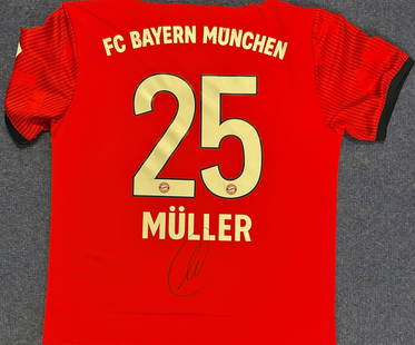 Football Thomas Muller signed Bayern Munich number 25: Football Thomas Muller signed Bayern Munich number 25 replica shirt mounted to board. Thomas Müller (born 13 September 1989) is a German professional footballer who plays for Bundesliga club Bayern
