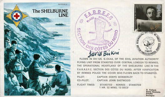 Lt Commander David Birkin Signed The Shelburne Line FDC: Lt Commander David Birkin Signed The Shelburne Line FDC RAFES SC37. 69 of 1000 Certified Copies. 17pence Peter Sellers Stamp with 11 Nov 85 Postmark. Good condition. All autographs come with a Certifi