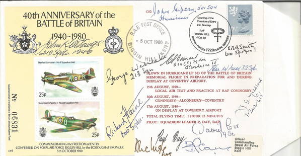 WW2 12 Signatures on 40th Anniversary or the Battle of: WW2 12 Signatures on 40th Anniversary or the Battle of Britain FDC. Signatures Include John Keatings, Richard Haine, Paul Day, Alan Bear, George Westlake, John Gibson and others. C82. British Stamp wi