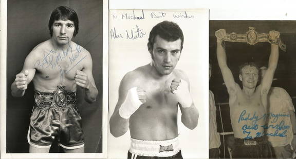 Vintage Sports Collection of 17 Signed Photos, Some: Vintage Sports Collection of 17 Signed Photos, Some black and White some Colour. Various Sizes. Signatures include Snookers Eddie Charlton, Jockey Graham Thorner, Boxer Richard Dunn, Boxer Paddy Magui