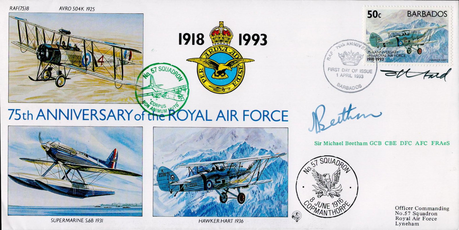 MRAF Sir M Beetham DFC AFC Tony Theobald cover artist signed 75th ann RAF cover. Good condition. All: MRAF Sir M Beetham DFC AFC Tony Theobald cover artist signed 75th ann RAF cover. Good condition. All autographs come with a Certificate of Authenticity. We combine postage on multiple winning lots and