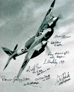 World War II Mosquito 10x8 black and white photo includes 10 pilot and navigators signatures: World War II Mosquito 10x8 black and white photo includes 10 pilot and navigators signatures includes Sqd Ldr John Brown, Flt Lt Charles Campbell, Wg Cmr Peter Channor, Flt Lt Terry Clark, Flt LT