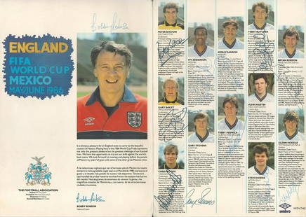 Football, Arsenal multi-signed FIFA World Cup 1986 England Vs Mexico vintage programme. This: Football, Arsenal multi-signed FIFA World Cup 1986 England Vs Mexico vintage programme. This lovely fold out programme includes signatures from Bobby Robson, Peter Shilton, Gary Bailey, Chris Woods, J