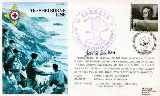 Lt Commander David Birkin Signed The Shelburne Line FDC RAFES SC37. 69 of 1000 Certified Copies.: Lt Commander David Birkin Signed The Shelburne Line FDC RAFES SC37. 69 of 1000 Certified Copies. 17pence Peter Sellers Stamp with 11 Nov 85 Postmark. Good condition. All autographs come with a