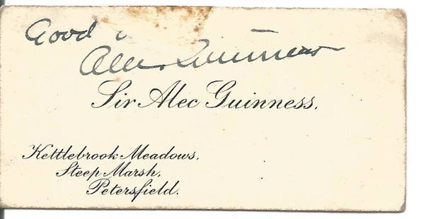 Alec Guinness signed 3x2 compliments card. Sir Alec Guinness CH CBE (born Alec Guinness de Cuffe;: Alec Guinness signed 3x2 compliments card. Sir Alec Guinness CH CBE (born Alec Guinness de Cuffe; 2 April 1914 â€“ 5 August 2000) was an English actor. After an early career on the stage,