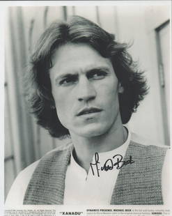 Actor, Michael Beck signed 10x8 black and white promo photograph pictured as he plays Sonny Malone: Actor, Michael Beck signed 10x8 black and white promo photograph pictured as he plays Sonny Malone in Xanadu (1980). Good condition. All autographs come with a Certificate of Authenticity. We combine