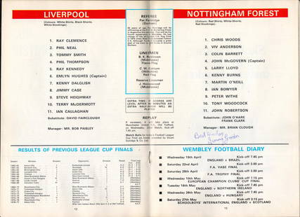 Multi-signed 1978 League cup final programme. Signed inside by 11. Signatures include Chris Woods,: Multi-signed 1978 League cup final programme. Signed inside by 11. Signatures include Chris Woods, Viv Anderson, John Mcgovern, Kenny Burns, Larry Lloyd, Ian Bowyer, Peter With, Tony Woodcock, John O'