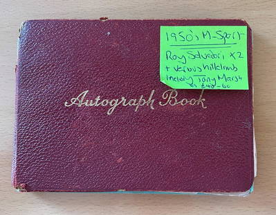 Vintage 1950's Autograph book with over 20 various Motor Sport signatures inside including: Roy: Vintage 1950's Autograph book with over 20 various Motor Sport signatures inside including: Roy Salvadori, Tony Marsh, Jackie Stewart, Alf Francis, Dick James, Richard Fletcher. Good condition. All au