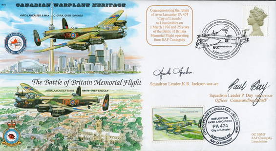 WW2 Sqn Ldr KR Jackson and Sqn Ldr Paul Day Signed Canadian Warplane Heritage- Battle of Britain: WW2 Sqn Ldr KR Jackson and Sqn Ldr Paul Day Signed Canadian Warplane Heritage- Battle of Britain Memorial Flight FDC. 51 of 100 Covers Issued. British Stamp with 23 September 2001 Postmark. Good condi