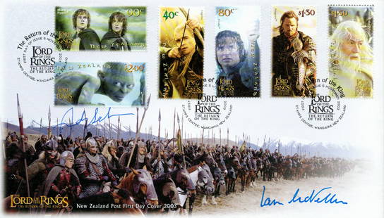 Ian McKellen and Andy Serkis, a signed Lord of the Rings: The Return of the King New Zealand FDC.: Ian McKellen and Andy Serkis, a signed Lord of the Rings: The Return of the King New Zealand FDC. Postmarked 5th. Nov. 2003 with six LOTRs stamps attached. In the trilogy, Ian Mckellen played Gandalf