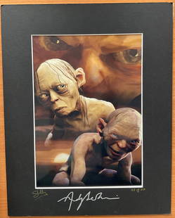 Lord Of the Rings Actor, Andy Serkis signed Gollum matted framed colour photograph. Picturing a: Lord Of the Rings Actor, Andy Serkis signed Gollum matted framed colour photograph. Picturing a montage of Gollum from The Lord of The Rings film saga, Serkis has signed the black frame in silver colo