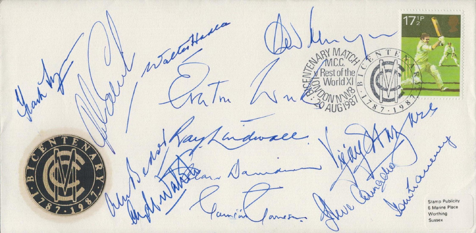 Cricket MCC bicentenary 1787-1987 multi signed Comerative cover includes 13 legends of the game: Cricket MCC bicentenary 1787-1987 multi signed Comerative cover includes 13 legends of the game signatures such as Frank Tyson, John Edrich , Walter Hadlee, Alec Bedser, Clyde Walcott , Don Kenyon, Ev