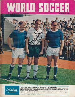 Football Autographed George Cohen Magazine - World Soccer December 1966 Edition, The Front Cover: Football Autographed George Cohen Magazine - World Soccer December 1966 Edition, The Front Cover Depicts Fulham's George Cohen Flanked By Everton's Ball And Wilson Prior To A First Division Clash At C