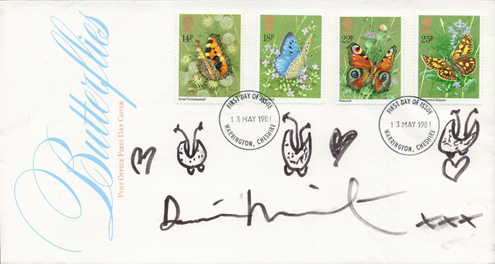 Damien Hirst, a signed Butterflies FDC with butterfly sketches added above signature. Postmarked (1 of 1)