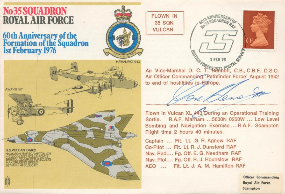 WW2 AVM Tom Bennett Signed 60th Anniversary of the Formation of the Squadron 1st Feb 1976 FDC. Flown: WW2 AVM Tom Bennett Signed 60th Anniversary of the Formation of the Squadron 1st Feb 1976 FDC. Flown in a Vulcan XL 443. 470 of 1250 Covers Issued. British 10p Stamp with 1 Feb 76 Postmark. Good condi