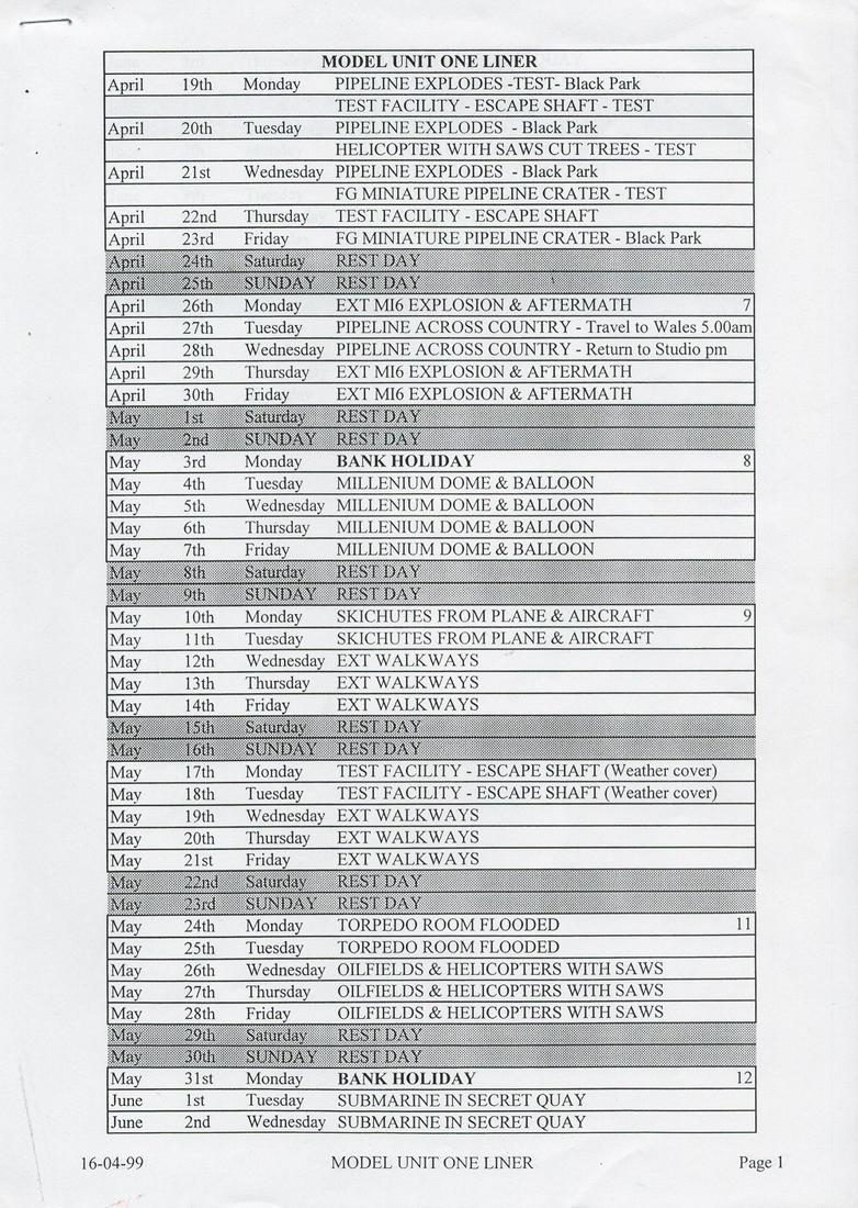 Production used James Bond model unit prop schedule (2 pages) from the James Bond film 'The World is (1 of 1)