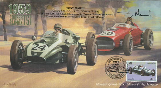 Motor Racing Tony Marsh signed 2000 Grand Prix cover comm 1950 Cooper Climax T51 at Monaco GP,: Motor Racing Tony Marsh signed 2000 Grand Prix cover comm 1950 Cooper Climax T51 at Monaco GP, nice action illustration. Only 250 issued certified and numbered to back. His career details are printed