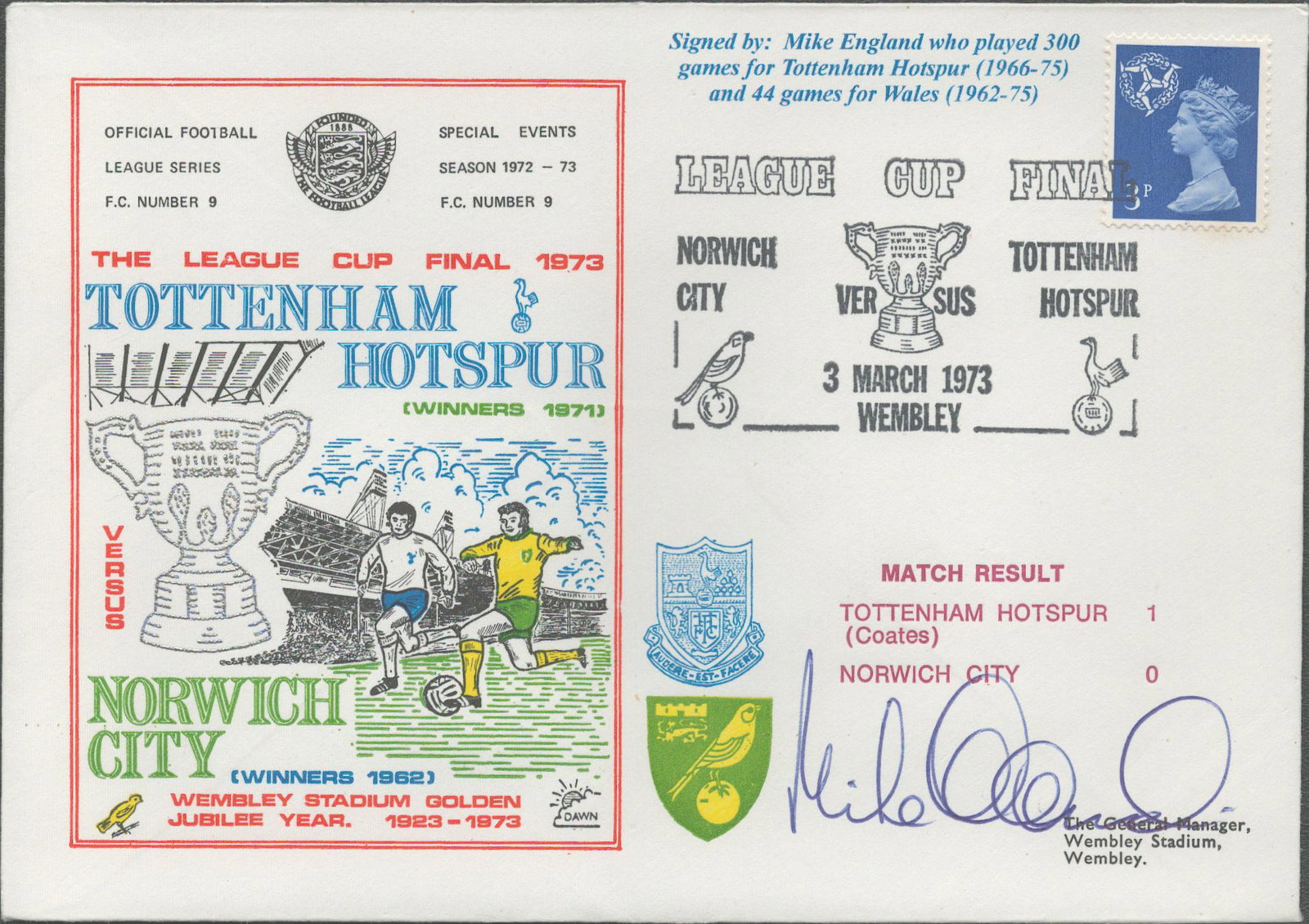 Mike England signed official Tottenham Hotspur V Norwich City 1973 Dawn Official Football First (1 of 1)