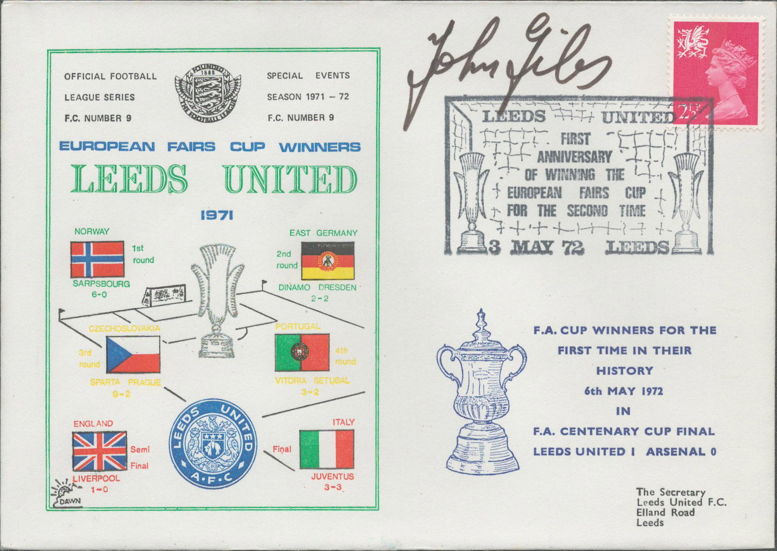Johnny Giles signed official Leeds United V Arsenal 1972 Dawn Official Football First Day Cover (1 of 1)