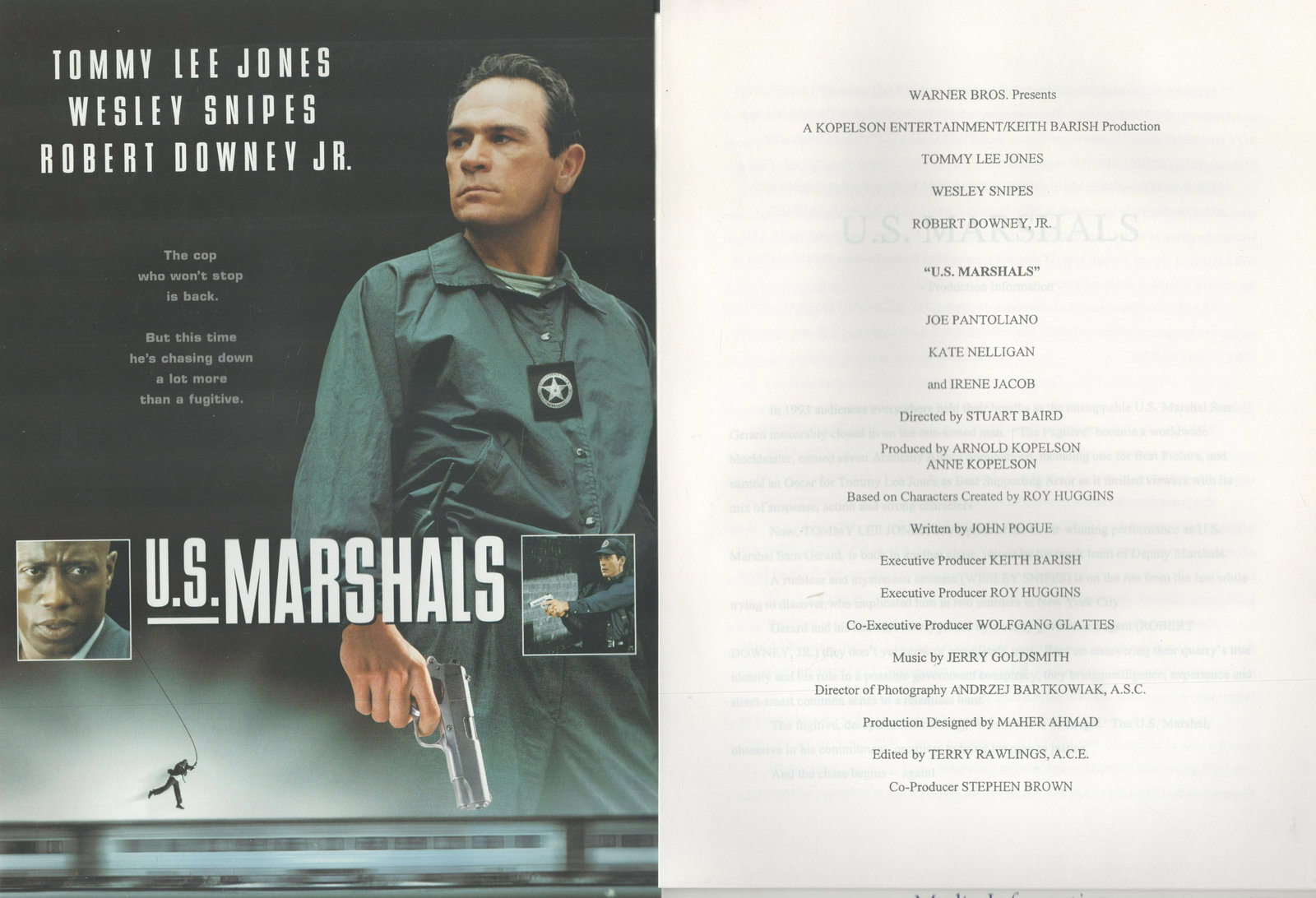 Warner Bros US Marshals Production Notes, Lots of Information. Housed in a Warner Bros Folder.: Warner Bros US Marshals Production Notes, Lots of Information. Housed in a Warner Bros Folder. Good condition. All autographs come with a Certificate of Authenticity. We combine postage on multiple wi