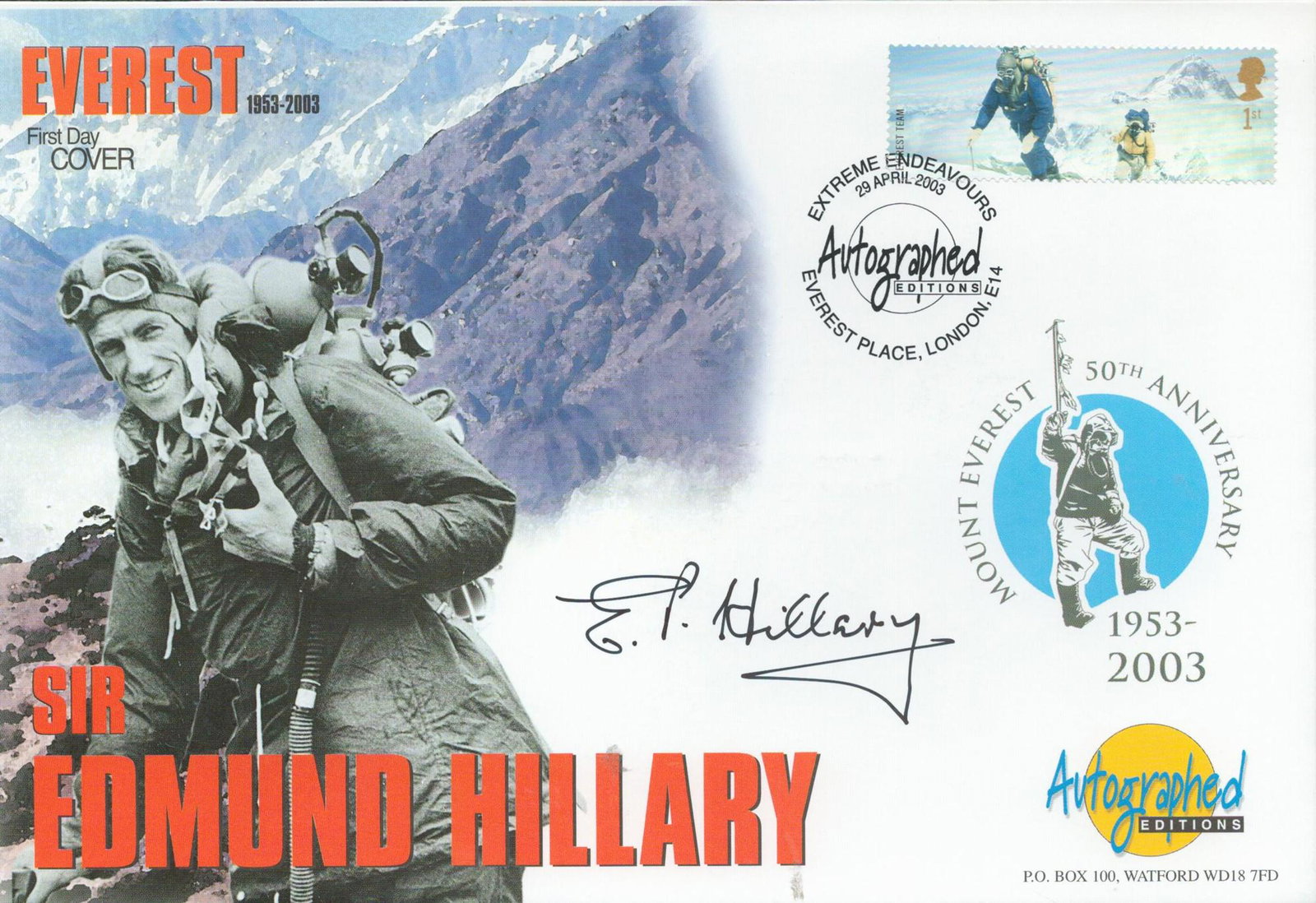 Everest Edmund Hillary signed Autographed Editions 2003, 50th Ann Cover. Postmarked 29th April (1 of 1)