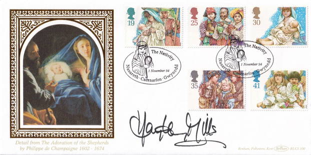 Hayley Mills signed nativity FDC with image commemorating the adoration of the Shepherds by Philippe: Hayley Mills signed nativity FDC with image commemorating the adoration of the Shepherds by Philippe de Champaigne 1602- 1674. This cover has 5 stamps and two post marks dating1st November 1994. This