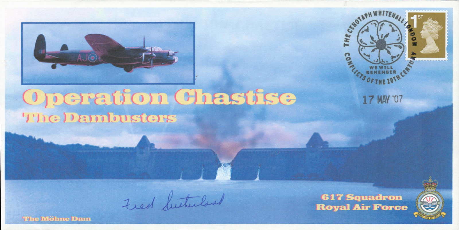 WW2 RAF Sgt Fred Sutherland Signed Operation Chastise the Dambusters FDC. Image Shows the Mohne Dam. (1 of 1)